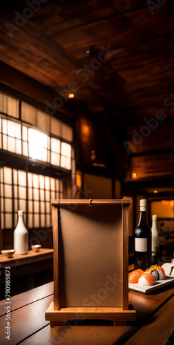 A table topper or table tent with a carved wood frame menu or cocktail list, blank space for custom message or design. Frame in foreground, moody space in the background with contextual elements