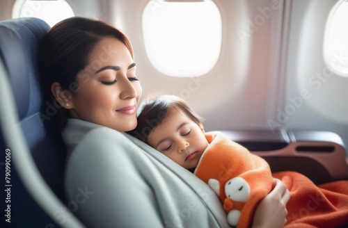 Asian baby wrapped in blanket sleeping in mother's arms on airplane during flight, travel © Olga