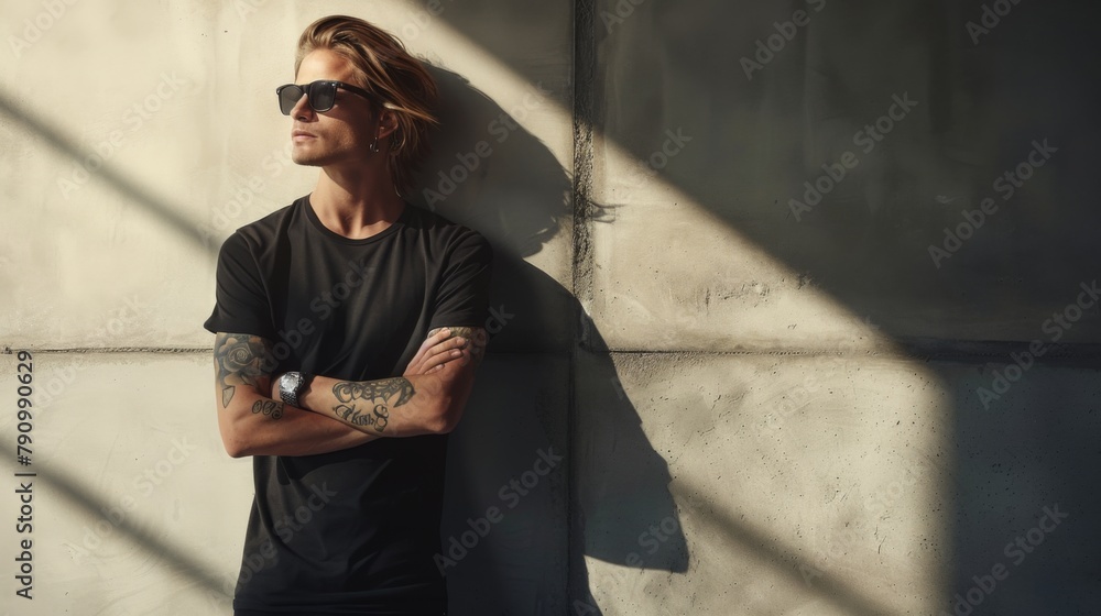Black Tshirt mockup, featuring a rebel look male model Black Tshirt mockup, featuring a rebel look male model