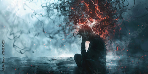 Suicidal Ideation: The Dark Thoughts and Hopelessness - Visualize a person consumed by dark thoughts and feelings of hopelessness, illustrating the experience of suicidal ideation.