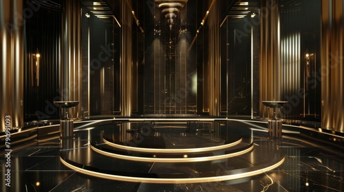 Art deco style podium in a minimalist black and gold setting, glamorous and chic.