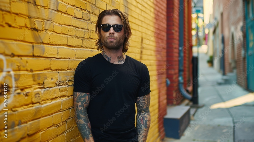 Fototapeta premium Black Tshirt mockup, featuring a rebel look male model