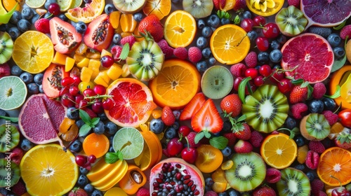 An overhead shot of a vibrant fruit salad arranged in an artistic pattern, showcasing the beauty of nature's palette. photo