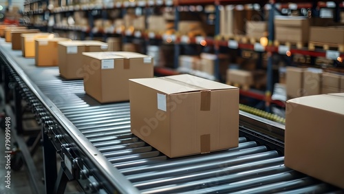 Cardboard boxes moving on conveyor belt in warehouse fulfillment center. Concept Warehouse Fulfillment, Cardboard Boxes, Conveyor Belt, Logistics, Inventory Management