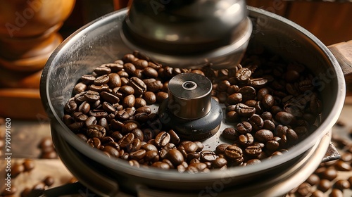 Surreal of Grinding Coffee Beans in a Metal Grinder with Striking Clarity and Studio Lighting