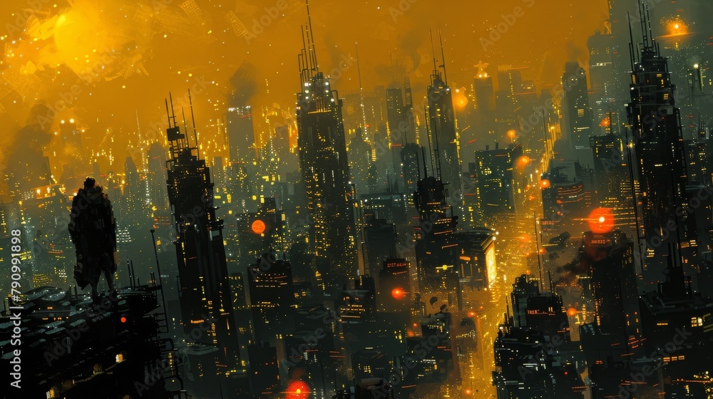 Futuristic cityscape at dusk: towering buildings under a golden sky with solitary figure