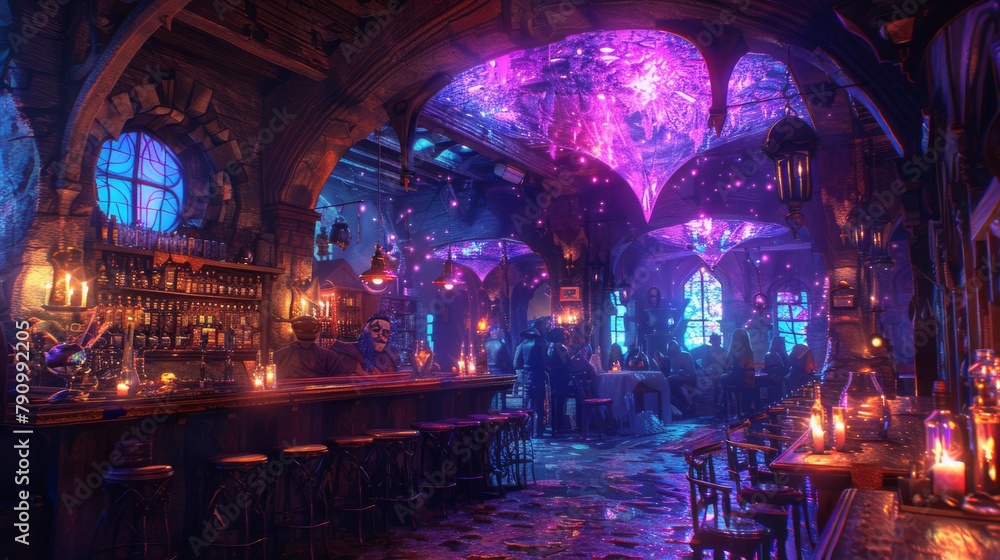 Enchanted medieval fantasy tavern filled with colorful lights and lively patrons