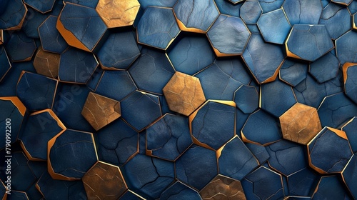 3d wallpaper, dark blue and gold abstract shapes, cracked surface with golden hexagons