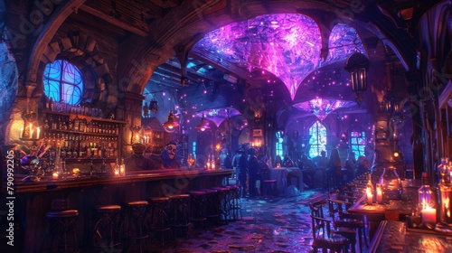 Enchanted medieval fantasy tavern filled with colorful lights and lively patrons photo