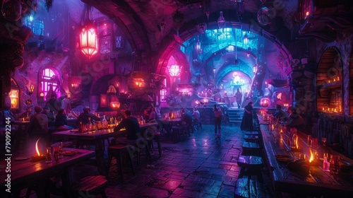 Enchanted medieval fantasy tavern filled with colorful lights and lively patrons photo