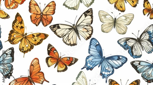 Butterflies in various poses and sizes arranged in a view on a pristine white background © AlfaSmart