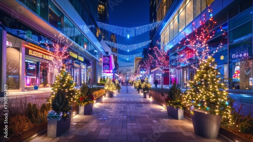 An urban plaza lined with sleek modern buildings lit up with festive holiday lights  spreading cheer and joy throughout the city.