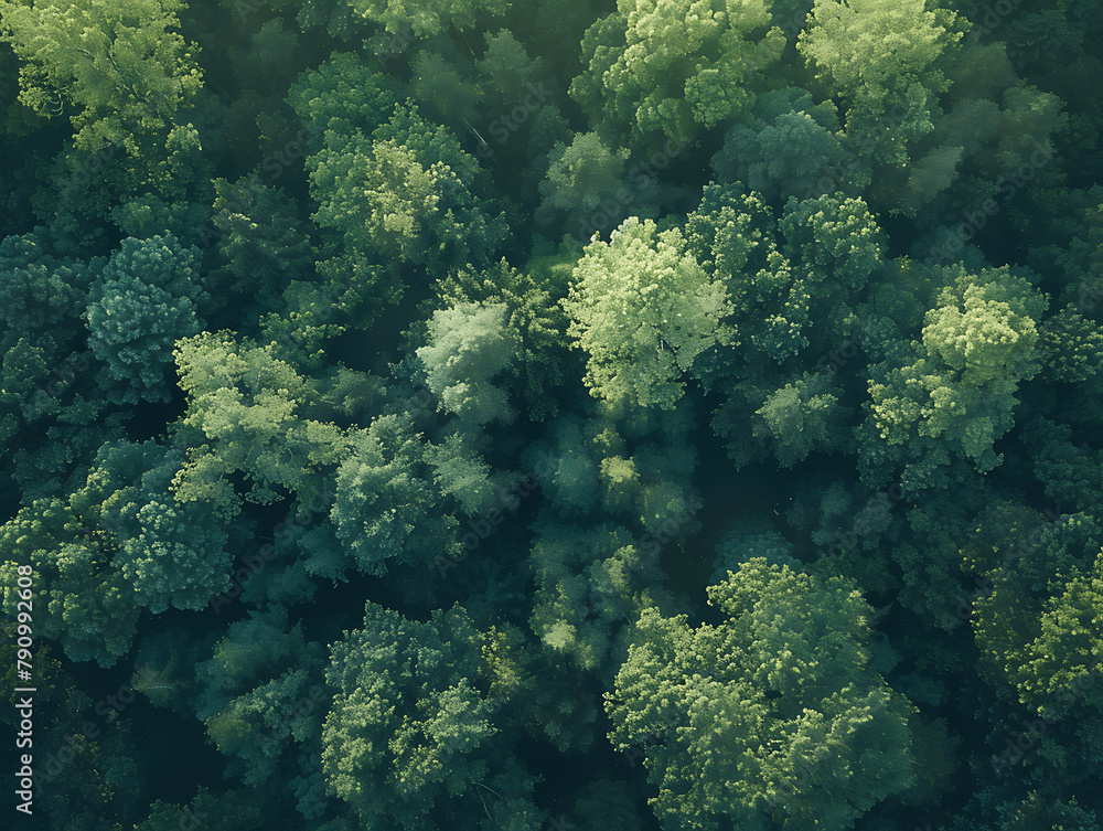 A lush green forest with many trees and a lot of green foliage. The trees are tall and spread out, creating a sense of depth and vastness. The image conveys a feeling of tranquility and serenity