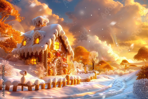 A festive scene unfolds in this vibrant gingerbread house nestled in a magical candy land, surrounded by whimsical sugar-dusted trees and candy cane fences, ideal for holiday and fantasy illustrations