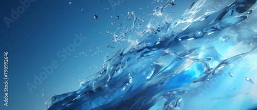 A splash of water on a blue background. splash is in middle of image and extends from left to right side. image has calming and serene mood, with water appearing to be in motion and blue color