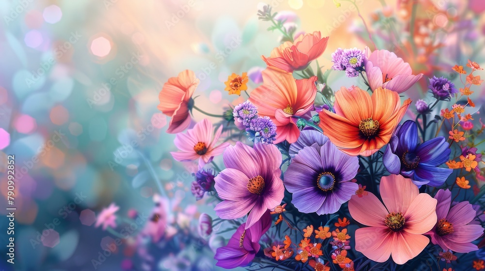 Vibrant bouquet of pink, purple, and orange flowers set against a soft gradient background