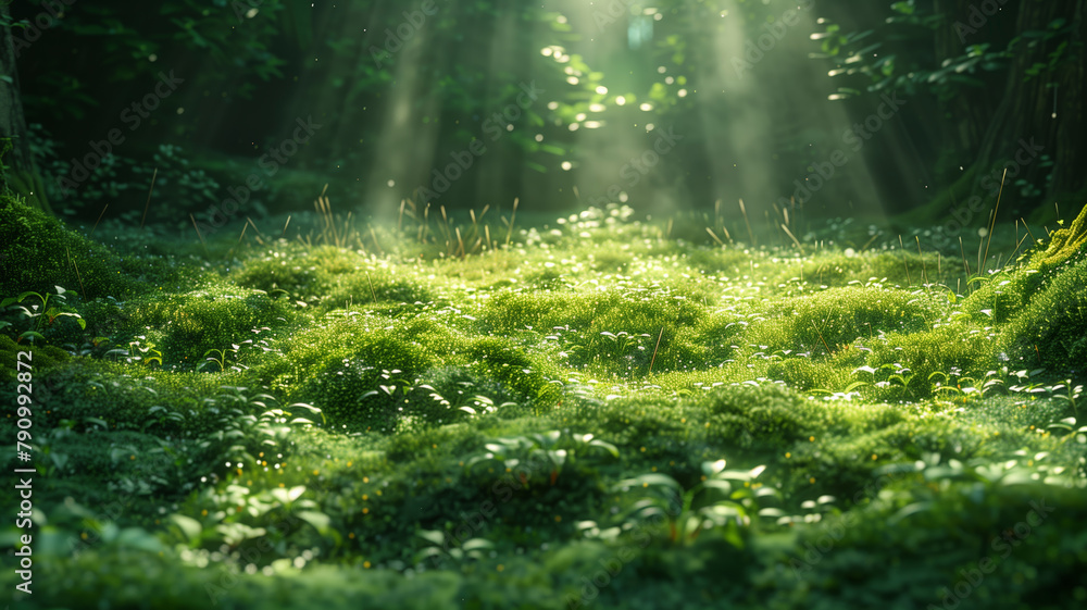 Obraz premium A lush green field with a bright sun shining down on it. The sun's rays create a warm and inviting atmosphere