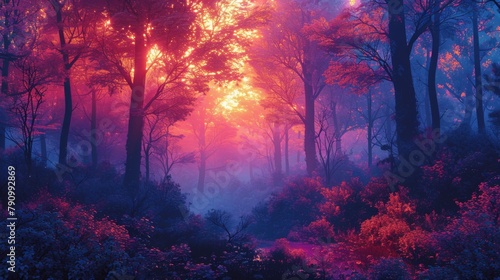 Magical forest scene with vibrant colored lights and majestic tall trees