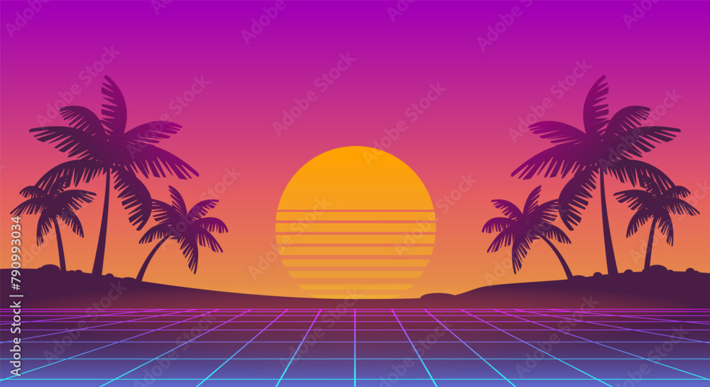 Naklejka premium Retro futuristic sunset landscape with pink grid background of palms silhouette on the neon beach - horizontal vector dsgn for Synthwave music cover and party banner dsgn
