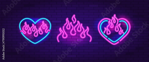 Y2k fashion Neon Heart Sign set on brick wall background. Pop Art Neon icons and symbols set of heart, flame, flamed heart. Glamour heart in glowing light banner style, emblem for club or bar