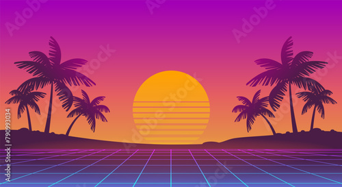 Retro futuristic sunset landscape with pink grid background of palms silhouette on the neon beach - horizontal vector dsgn for Synthwave music cover and party banner dsgn photo