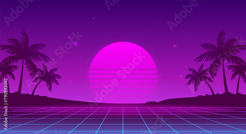 Retrowave futuristic abstract landscape with purple grid background of glowy sunset and palms silhouette on the neon beach - forizontal vector dsgn for Synthwave music and flyer party banner dsgn