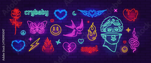 Y2k fashion Neon Sign set on brick wall background. Pop Art Neon icons and symbols set of heart, flame, butterfly, flower, statue head etc. Glamour glowing light banner, emblem for club or bar