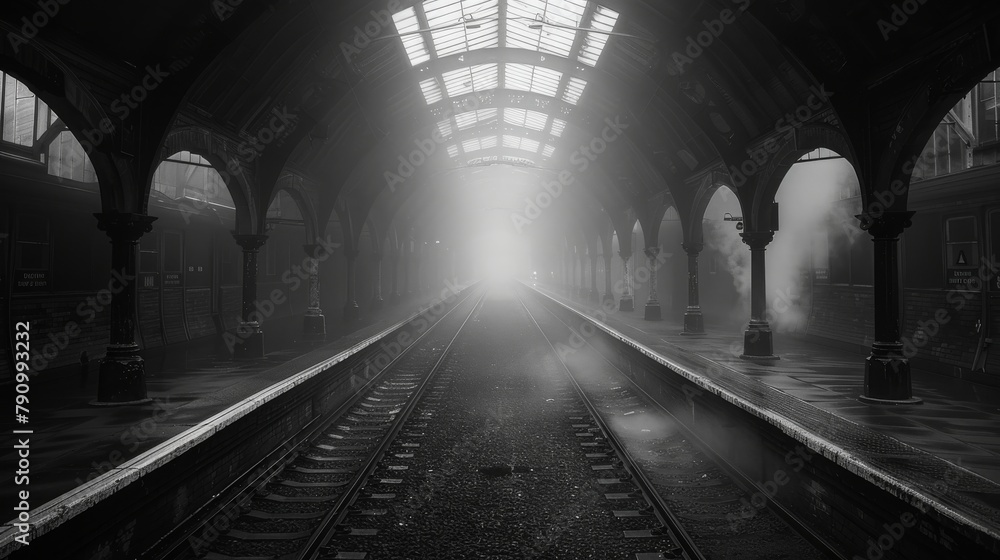Moody black and white image of a deserted railway station with arches and fog
