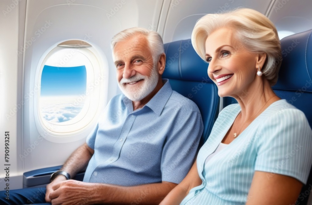 Fototapeta premium elderly happy family in airplane cabin, travel