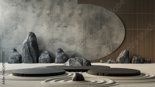 Oriental set of zen garden concept Japanese style minimal abstract background.podium and sand and bonsai tree with natural light  scene