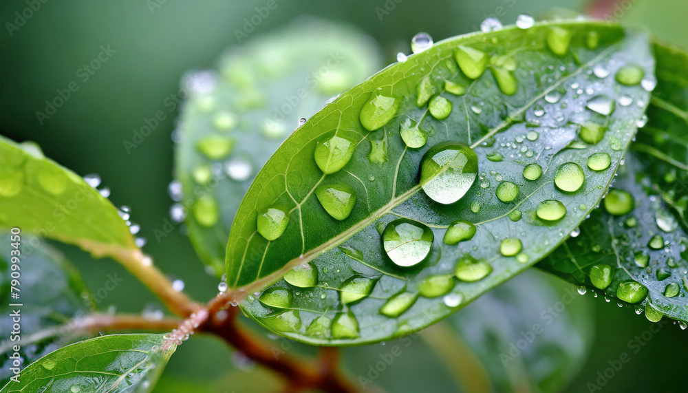 Water drops on green leaves, beauty of nature details Water drops on green leaves, beauty of nature details