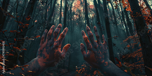 Fear: The Dark Forest and Trembling Hands - Visualize a dark forest with someone's hands trembling, illustrating the feeling of fear photo