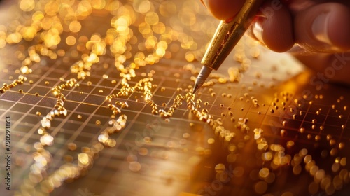 Close-up of a hand drawing a trendline on a gold price graph with a marker on a transparent board.