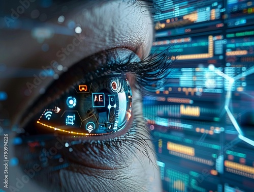 A closeup of an eye with futuristic vision technology, featuring icons representing social media and digital marketing photo