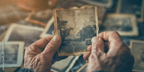 Nostalgia: The Faded Photograph and Longing Sigh - Imagine a faded photograph held by someone with a longing sigh, illustrating the bittersweet feeling of nostalgia photo