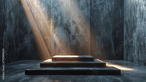 Minimalist black square podium with a single spotlight, ideal for artistic sculptures. photo