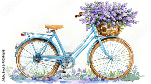 Fototapeta Naklejka Na Ścianę i Meble -  watercolor illustration of Blue bike with lilacs in basket
