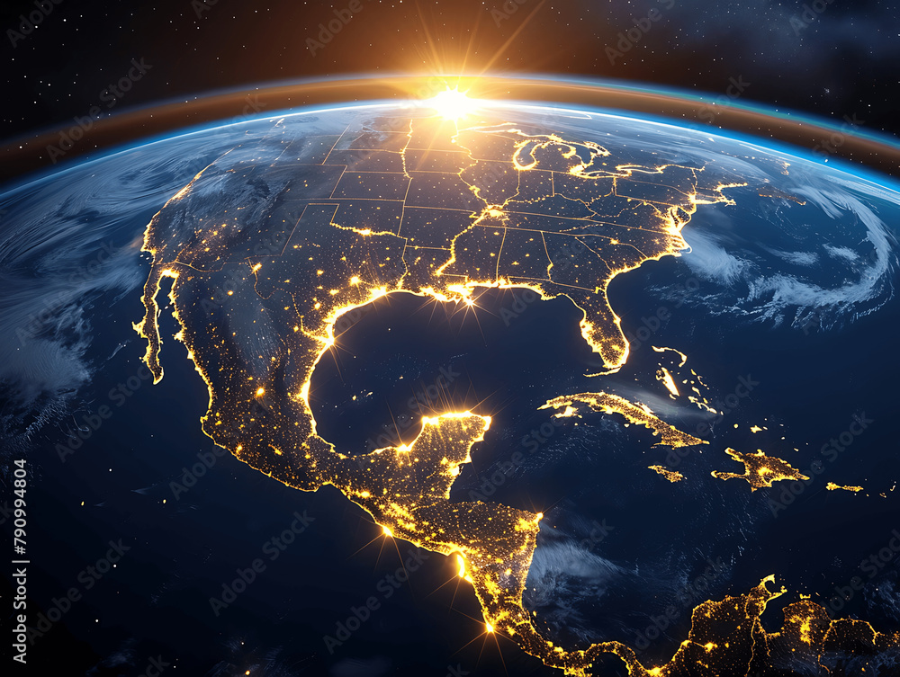 Obraz premium A view of the Earth from space with a bright orange sun in the background. The stars are twinkling and the planet is illuminated by the sun