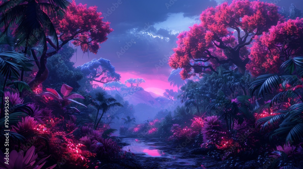 Mystical Jungle Scene at Night: Vibrant Foliage Under Pink and Blue Lights