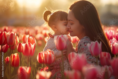 Happy mother's day! child daughter congratulates mother and gives a bouquet of flowers