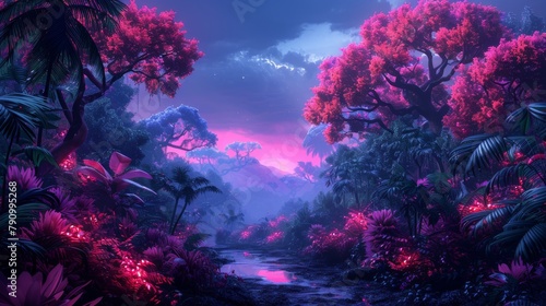 Mystical Jungle Scene at Night  Vibrant Foliage Under Pink and Blue Lights