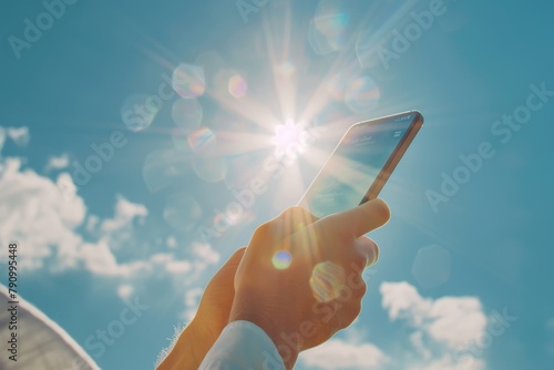 Mobile news app. person browsing latest articles on smartphone against sunny sky