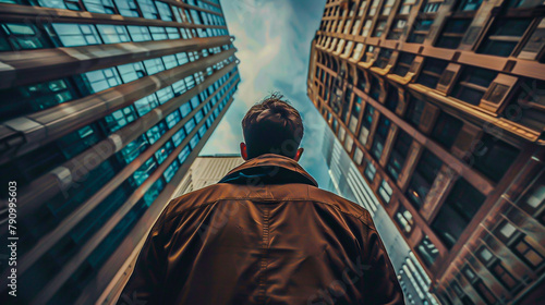 Man Gazing Up at Skyscrapers Perspective Shot photo