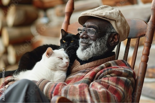 Stunning high resolution photos of a mature multi-ethnic man relaxing in a rocking chair in his arms with a white cat and a black cat on his shoulder. Lifestyle. © Iulia