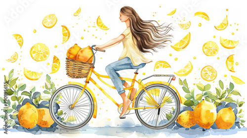 Watercolor illustration of girl rides on the yellow bike with lemons in the basket, summer time, travel concept