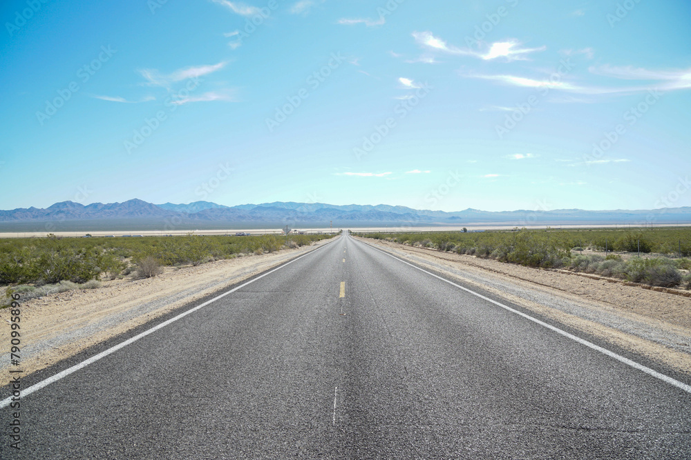 The long, lonely, road to no where in the middle of the Mojave Desert, California.