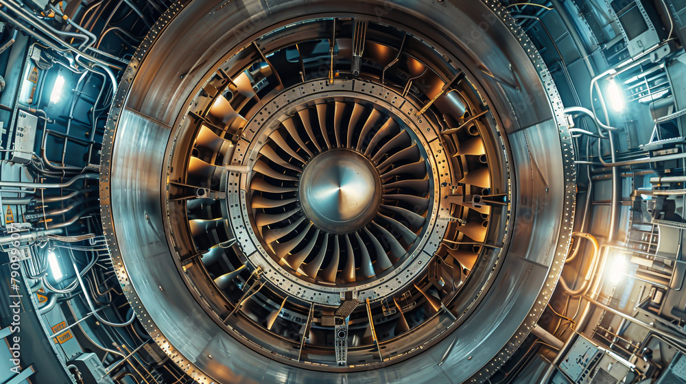 Highlight the inner mechanisms of a jet engine in a visually striking long shot, emphasizing the intricate design and functionality that powers these machines Highlight the inner mechanisms of a jet engine in a visually striking long shot, emphasizing the intricate design and functionality that powers these machines