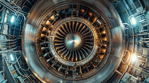 Highlight the inner mechanisms of a jet engine in a visually striking long shot, emphasizing the intricate design and functionality that powers these machines photo