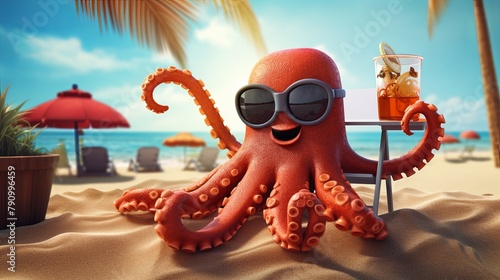 cartoon octopus on a sunbed on the beach drinks a cocktail
