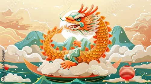 Dragon Boat Festival with rice dumpling cartoon character and dragon boat on water